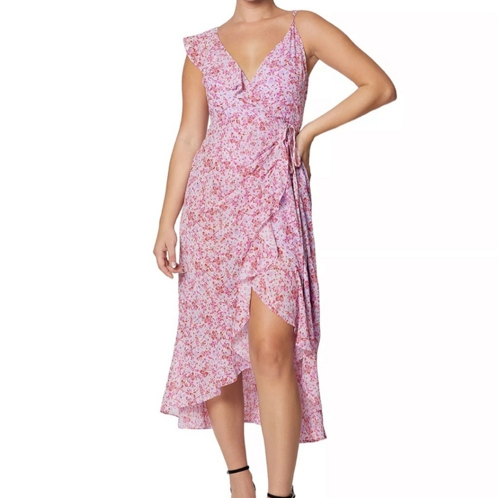 Laundry by Shelli Segal Floral Print Ruffle Wrap Midi Dress Pink 10 NWT